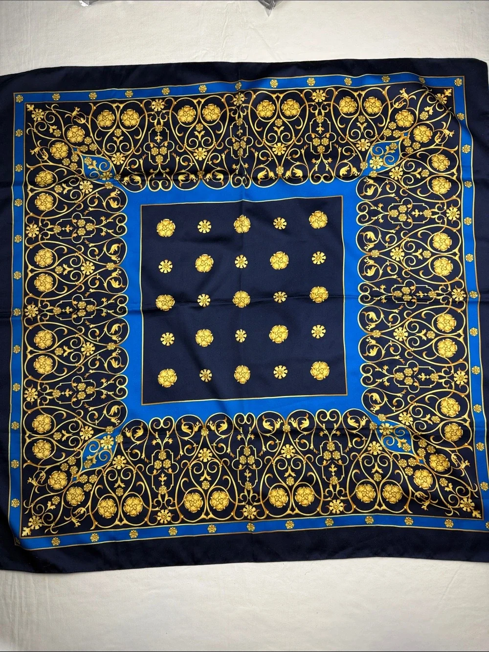 Elegant Navy Gold Decorative Silk Scarf Size 33X33
